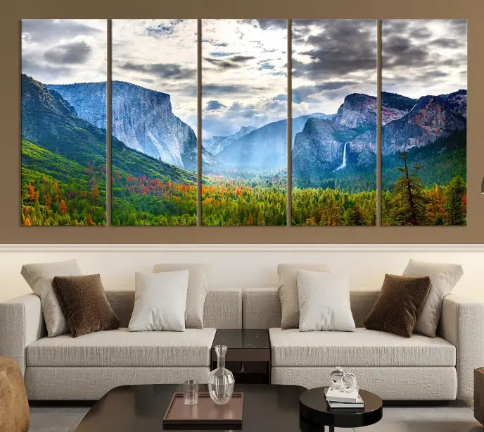 A set of Yosemite National Park El Capitan Landscape Canvas Prints features a breathtaking mountainous scene. These prints are on museum-quality canvas, ready to hang, and come with a UV-protective coating for lasting beauty.