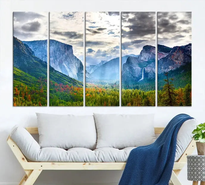 A set of Yosemite National Park El Capitan Landscape Canvas Prints features a breathtaking mountainous scene. These prints are on museum-quality canvas, ready to hang, and come with a UV-protective coating for lasting beauty.