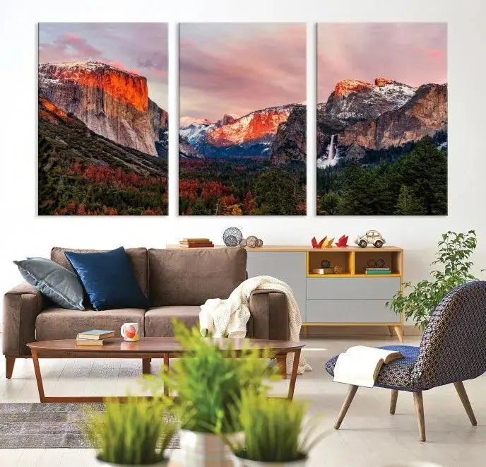 The living room showcases the Yosemite National Park wall art landscape canvas print titled "El Capitan," printed on museum-quality canvas with a UV-protective coating. This captivating piece is displayed as a triptych, capturing the striking mountain landscape at sunset.