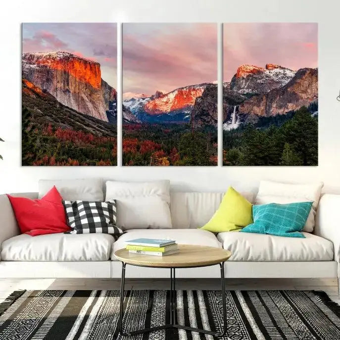 The living room showcases the Yosemite National Park wall art landscape canvas print titled "El Capitan," printed on museum-quality canvas with a UV-protective coating. This captivating piece is displayed as a triptych, capturing the striking mountain landscape at sunset.