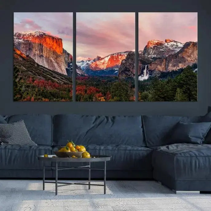 The living room showcases the Yosemite National Park wall art landscape canvas print titled "El Capitan," printed on museum-quality canvas with a UV-protective coating. This captivating piece is displayed as a triptych, capturing the striking mountain landscape at sunset.