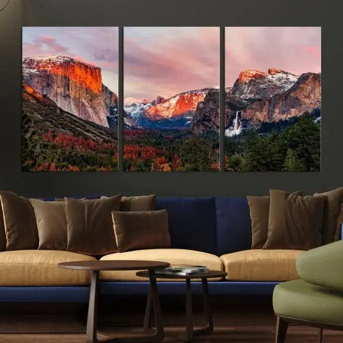 The living room showcases the Yosemite National Park wall art landscape canvas print titled "El Capitan," printed on museum-quality canvas with a UV-protective coating. This captivating piece is displayed as a triptych, capturing the striking mountain landscape at sunset.