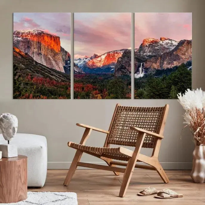 The living room showcases the Yosemite National Park wall art landscape canvas print titled "El Capitan," printed on museum-quality canvas with a UV-protective coating. This captivating piece is displayed as a triptych, capturing the striking mountain landscape at sunset.