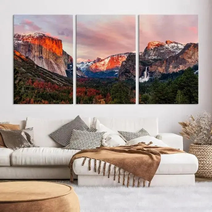 The living room showcases the Yosemite National Park wall art landscape canvas print titled "El Capitan," printed on museum-quality canvas with a UV-protective coating. This captivating piece is displayed as a triptych, capturing the striking mountain landscape at sunset.