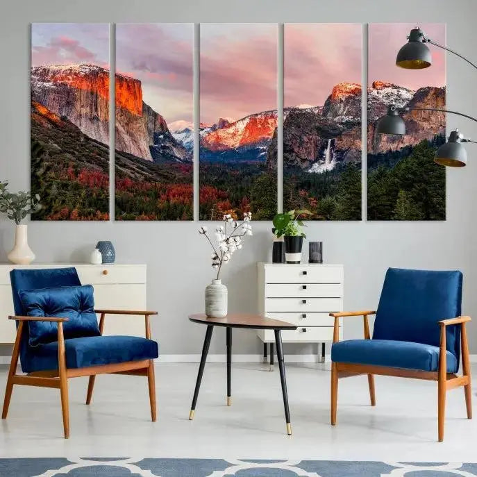 The living room showcases the Yosemite National Park wall art landscape canvas print titled "El Capitan," printed on museum-quality canvas with a UV-protective coating. This captivating piece is displayed as a triptych, capturing the striking mountain landscape at sunset.