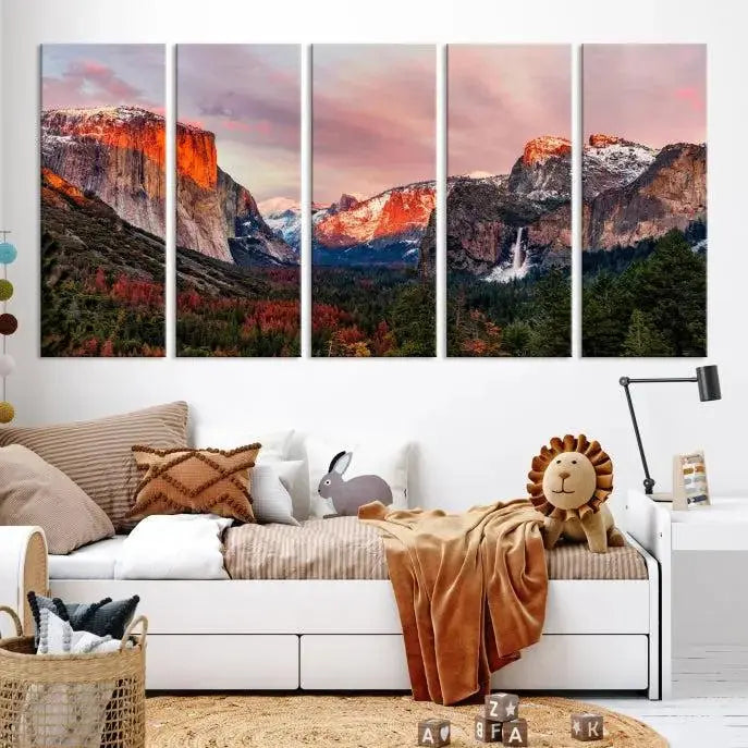 The living room showcases the Yosemite National Park wall art landscape canvas print titled "El Capitan," printed on museum-quality canvas with a UV-protective coating. This captivating piece is displayed as a triptych, capturing the striking mountain landscape at sunset.