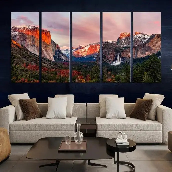 The living room showcases the Yosemite National Park wall art landscape canvas print titled "El Capitan," printed on museum-quality canvas with a UV-protective coating. This captivating piece is displayed as a triptych, capturing the striking mountain landscape at sunset.