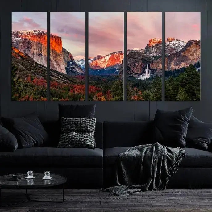 The living room showcases the Yosemite National Park wall art landscape canvas print titled "El Capitan," printed on museum-quality canvas with a UV-protective coating. This captivating piece is displayed as a triptych, capturing the striking mountain landscape at sunset.