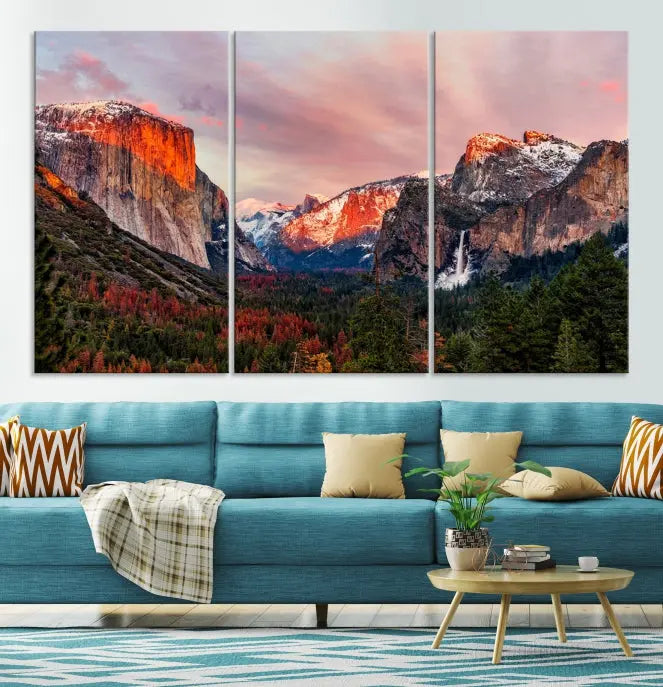 The living room showcases the Yosemite National Park wall art landscape canvas print titled "El Capitan," printed on museum-quality canvas with a UV-protective coating. This captivating piece is displayed as a triptych, capturing the striking mountain landscape at sunset.