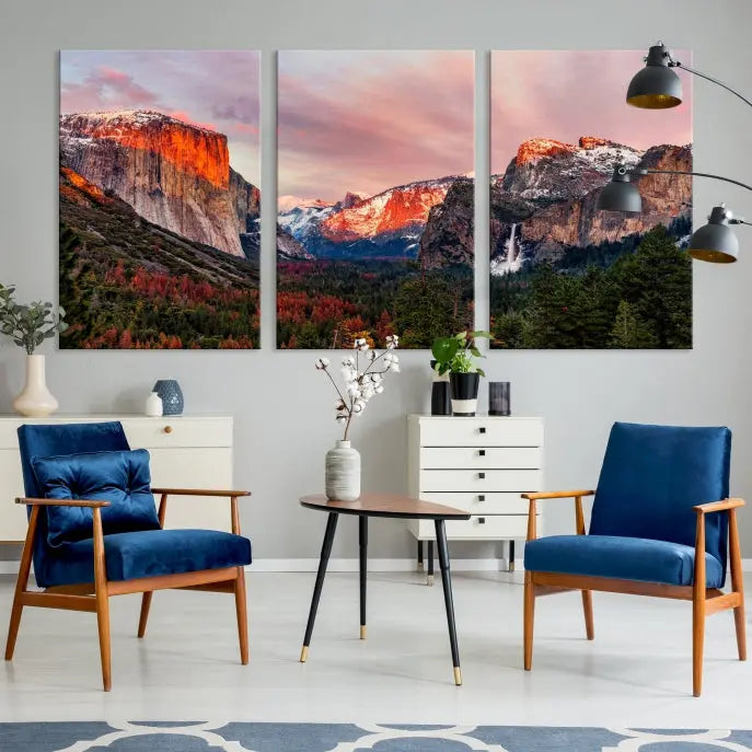 The living room showcases the Yosemite National Park wall art landscape canvas print titled "El Capitan," printed on museum-quality canvas with a UV-protective coating. This captivating piece is displayed as a triptych, capturing the striking mountain landscape at sunset.