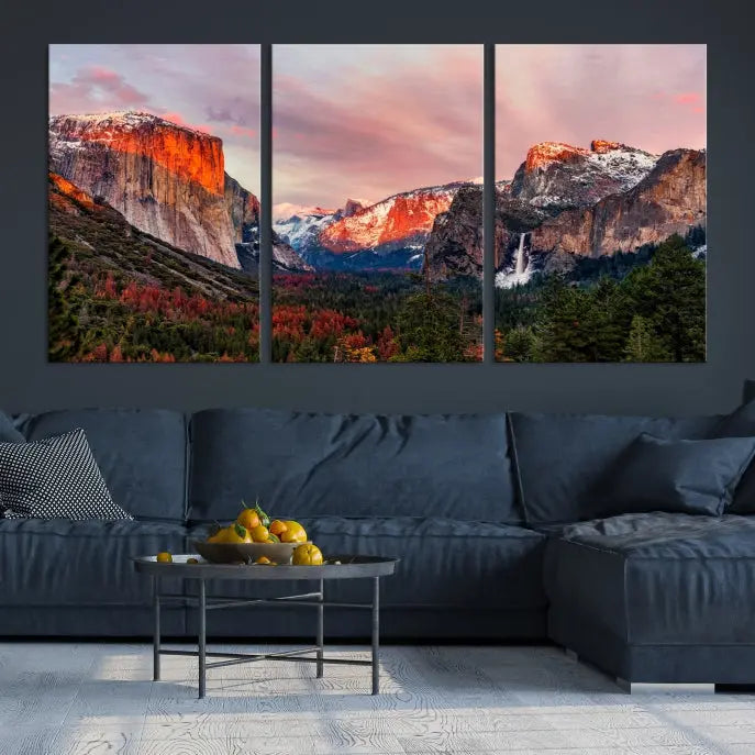 The living room showcases the Yosemite National Park wall art landscape canvas print titled "El Capitan," printed on museum-quality canvas with a UV-protective coating. This captivating piece is displayed as a triptych, capturing the striking mountain landscape at sunset.