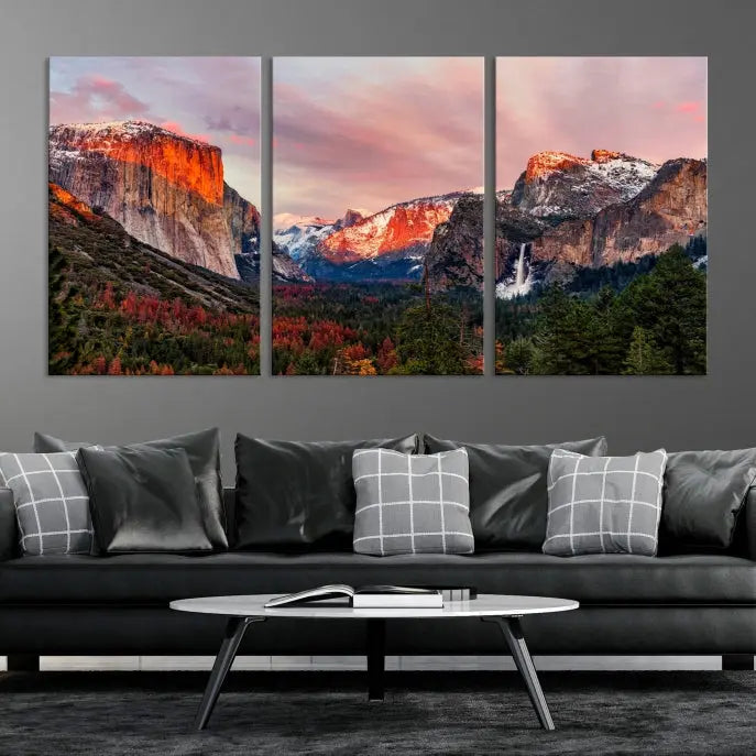 The living room showcases the Yosemite National Park wall art landscape canvas print titled "El Capitan," printed on museum-quality canvas with a UV-protective coating. This captivating piece is displayed as a triptych, capturing the striking mountain landscape at sunset.