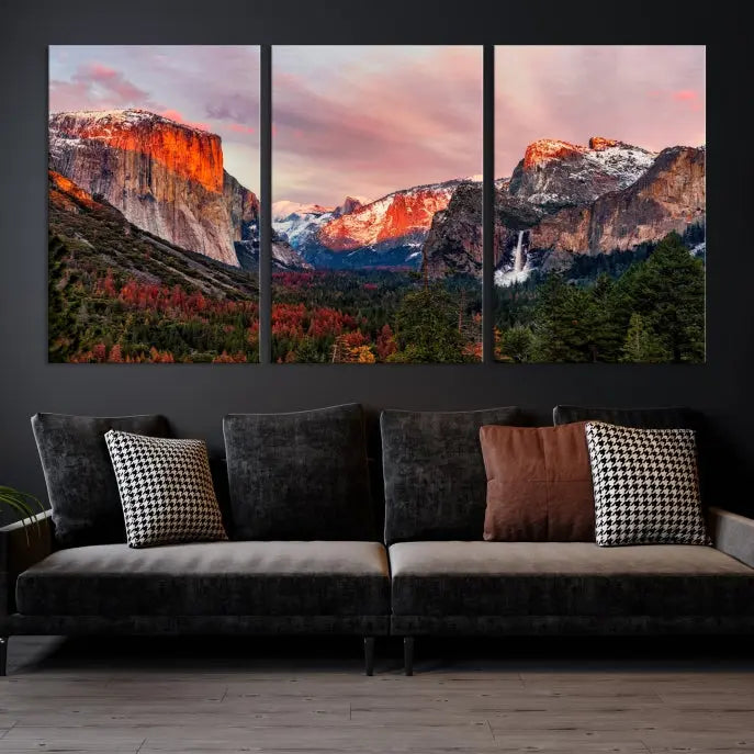 The living room showcases the Yosemite National Park wall art landscape canvas print titled "El Capitan," printed on museum-quality canvas with a UV-protective coating. This captivating piece is displayed as a triptych, capturing the striking mountain landscape at sunset.