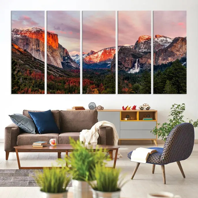 The living room showcases the Yosemite National Park wall art landscape canvas print titled "El Capitan," printed on museum-quality canvas with a UV-protective coating. This captivating piece is displayed as a triptych, capturing the striking mountain landscape at sunset.