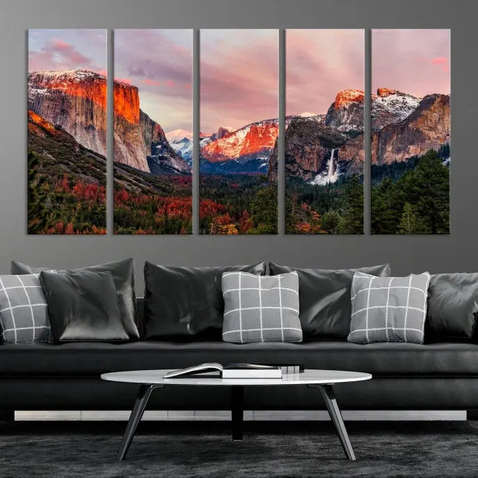 The living room showcases the Yosemite National Park wall art landscape canvas print titled "El Capitan," printed on museum-quality canvas with a UV-protective coating. This captivating piece is displayed as a triptych, capturing the striking mountain landscape at sunset.