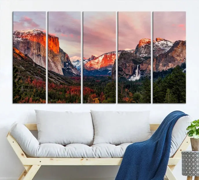 The living room showcases the Yosemite National Park wall art landscape canvas print titled "El Capitan," printed on museum-quality canvas with a UV-protective coating. This captivating piece is displayed as a triptych, capturing the striking mountain landscape at sunset.