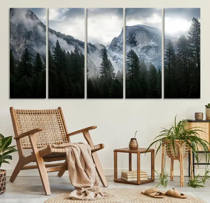 A captivating wall art depicting foggy mountains and the iconic El Capitan from Yosemite National Park graces the wall, infusing the living room with a natural touch.