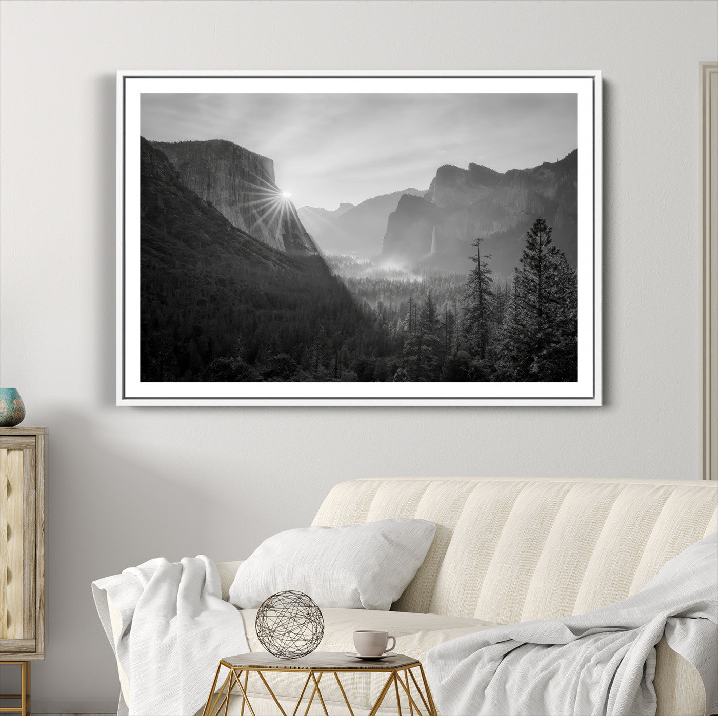 39278955-MGC-FP-36x24_White-Yosemite Valley Wall Art Canvas Print, Framed El Capitan Sunrise Print, Framed Misty Mountain Art Print, Large Monochrome Valley Printing