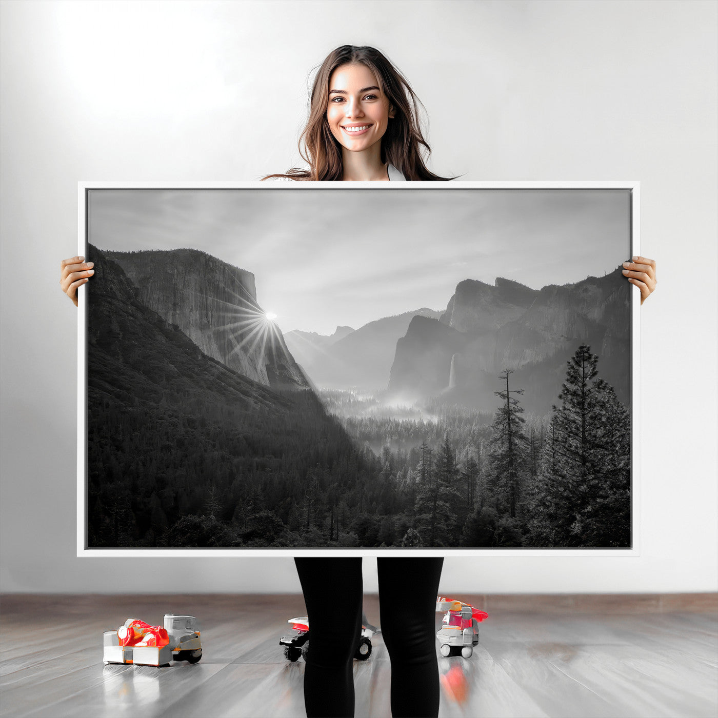 Yosemite Valley Wall Art Canvas Print, Framed El Capitan Sunrise Print, Framed Misty Mountain Art Print, Large Monochrome Valley Printing