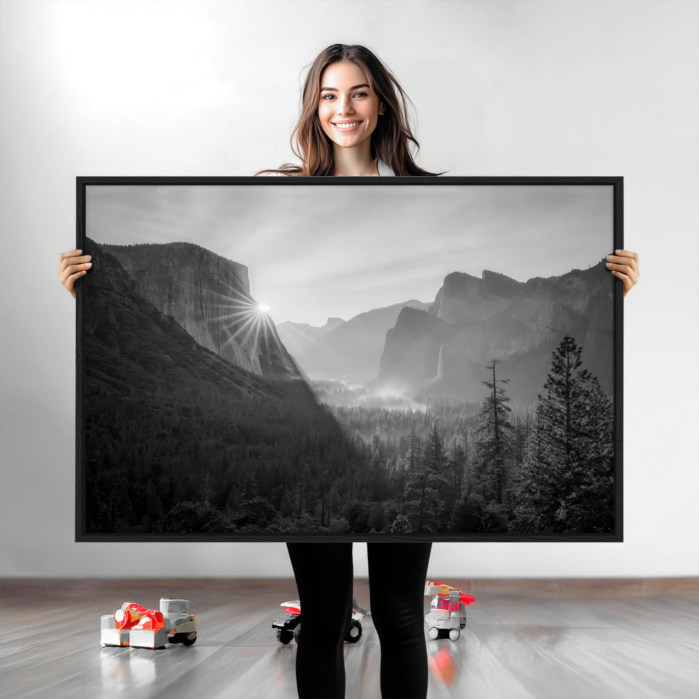 Yosemite Valley Wall Art Canvas Print, Framed El Capitan Sunrise Print, Framed Misty Mountain Art Print, Large Monochrome Valley Printing