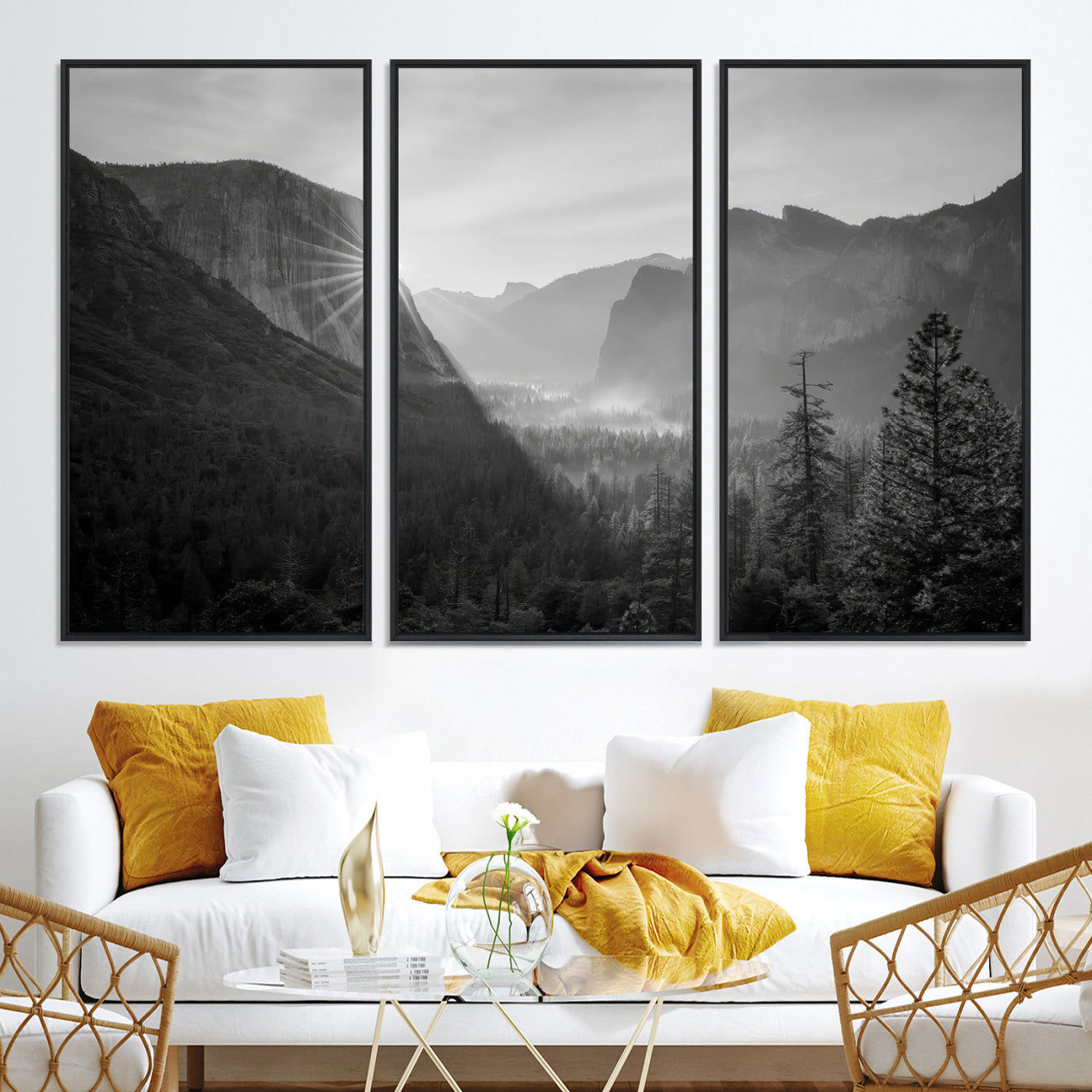 39278955-MGV-CV-36X24-Yosemite Valley Wall Art Canvas Print, Framed El Capitan Sunrise Print, Framed Misty Mountain Art Print, Large Monochrome Valley Printing