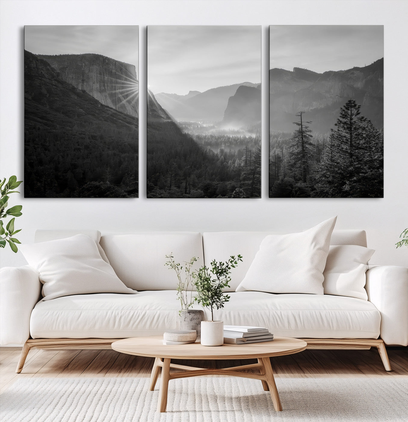39278955-MGV-CV-60X30-3P-Yosemite Valley Wall Art Canvas Print, Framed El Capitan Sunrise Print, Framed Misty Mountain Art Print, Large Monochrome Valley Printing