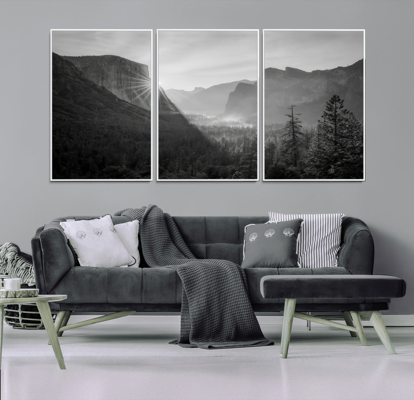 39278955-MGV-FC-60X30-3P_White-Yosemite Valley Wall Art Canvas Print, Framed El Capitan Sunrise Print, Framed Misty Mountain Art Print, Large Monochrome Valley Printing