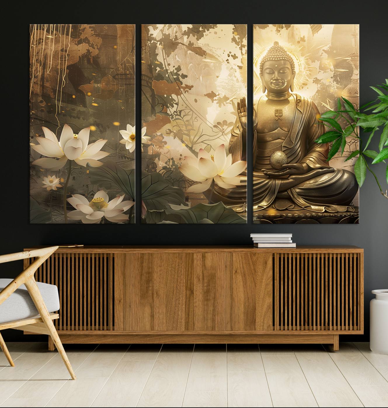 58897-MGV-CV-36X24-Zen Buddha Wall Art Canvas Print | Peaceful Meditation Decor with Lotus Flowers | Spiritual Serenity Home Decor | Ready to Hang