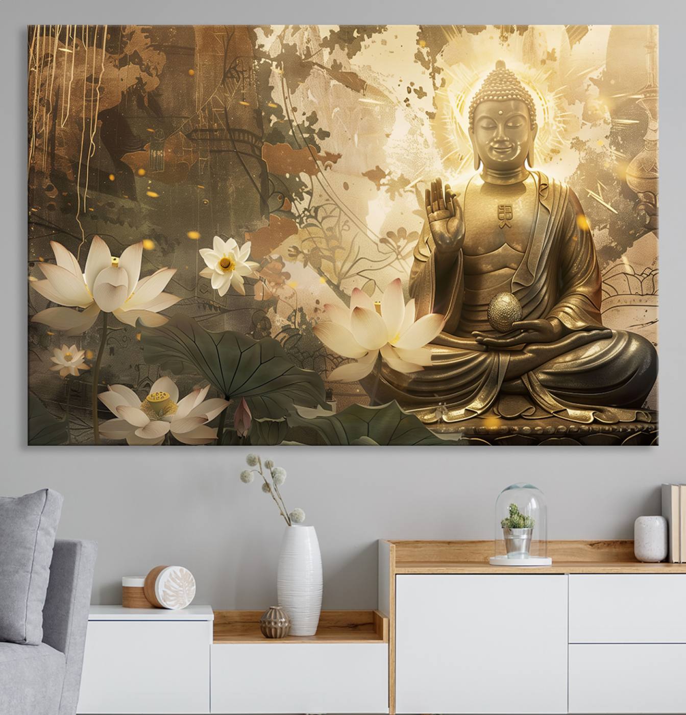 58897-MGV-CV-36X24-Zen Buddha Wall Art Canvas Print | Peaceful Meditation Decor with Lotus Flowers | Spiritual Serenity Home Decor | Ready to Hang