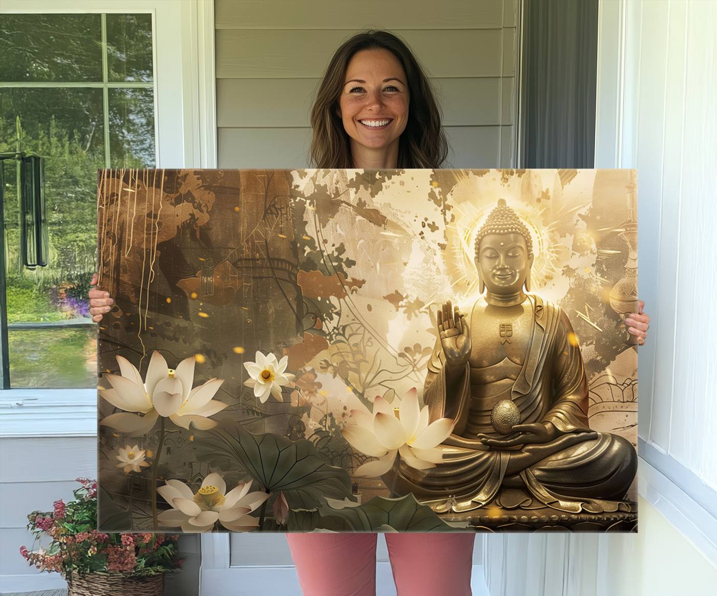 58897-MGV-CV-36X24-Zen Buddha Wall Art Canvas Print | Peaceful Meditation Decor with Lotus Flowers | Spiritual Serenity Home Decor | Ready to Hang
