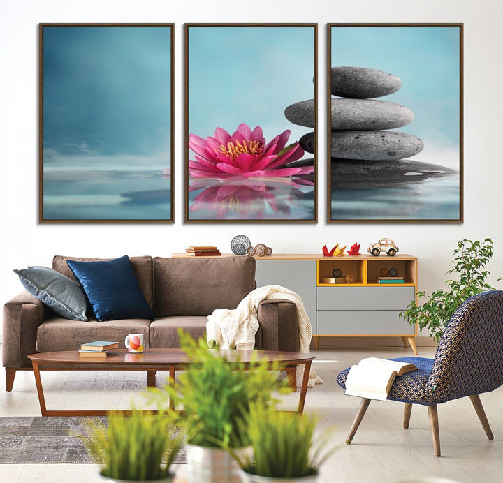 50007-MGV-CV-36X24-Zen Serenity Triptych Canvas Art, Lotus Flower and Balancing Stones Canvas Wall Art, Water Lily Canvas Print for Relaxation Yoga Meditation