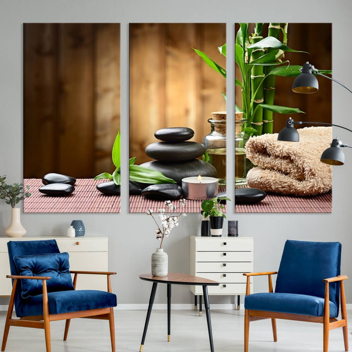 Zen Serenity Triptych Canvas Art, Pink Lotus Flower and Balancing Stones Wall Art, Tranquil Water Lily Canvas Print