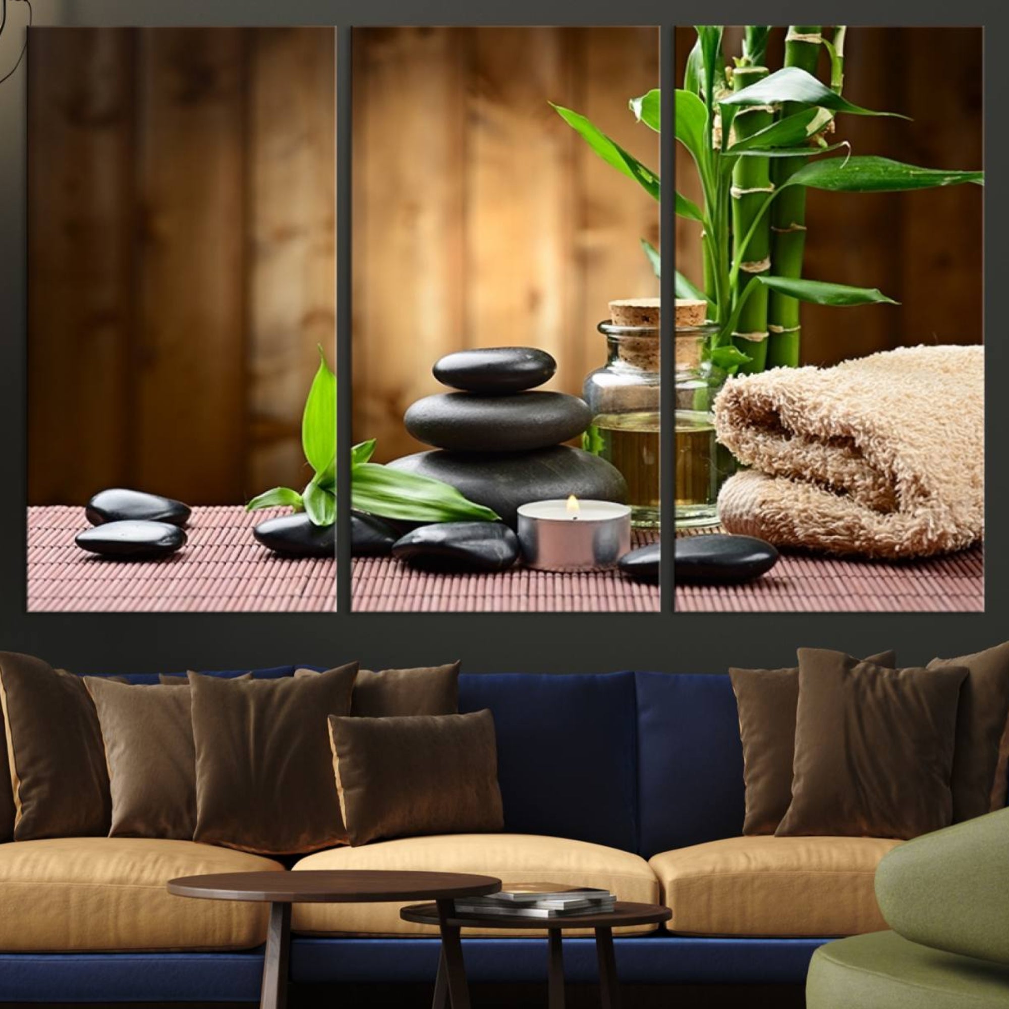 63465-MGV-CV-36X24-Zen Serenity Triptych Canvas Art, Pink Lotus Flower and Balancing Stones Wall Art, Tranquil Water