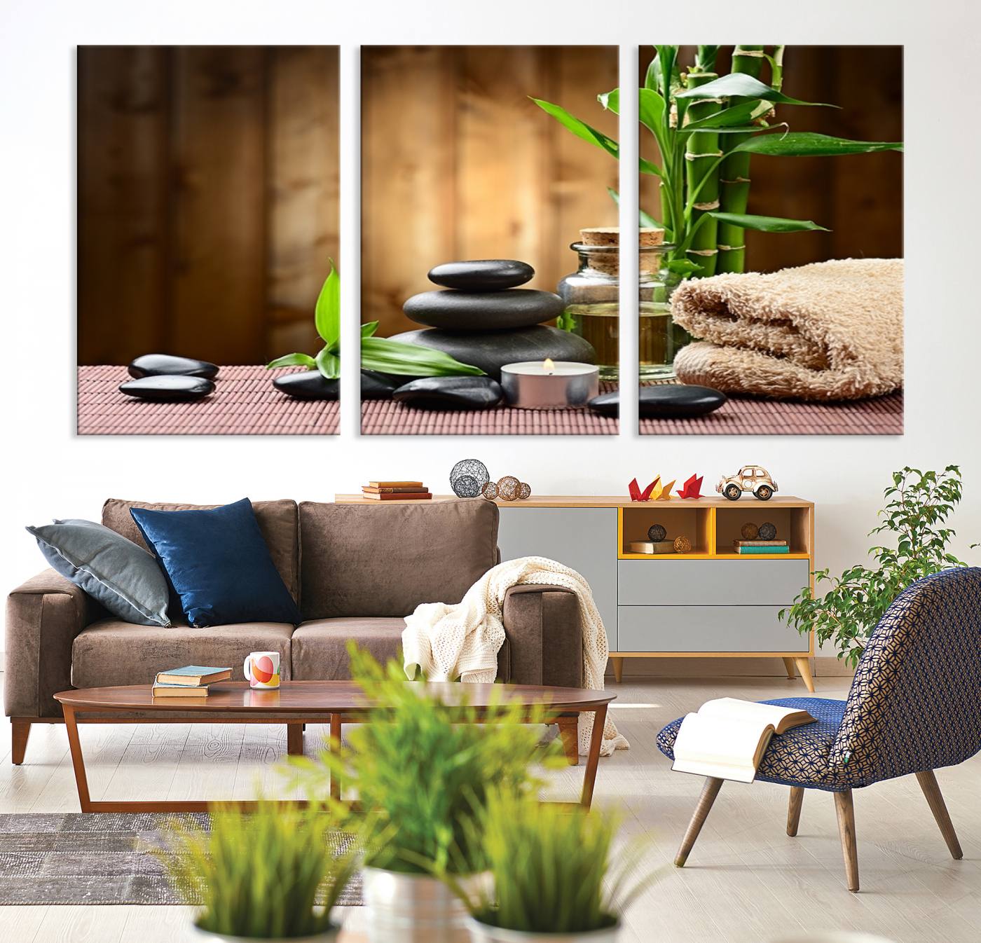 63465-MGV-CV-36X24-Zen Serenity Triptych Canvas Art, Pink Lotus Flower and Balancing Stones Wall Art, Tranquil Water