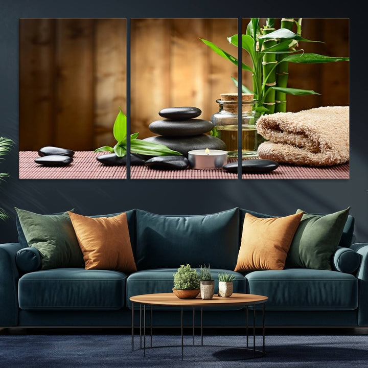 Zen Serenity Triptych Canvas Art, Pink Lotus Flower and Balancing Stones Wall Art, Tranquil Water Lily Canvas Print