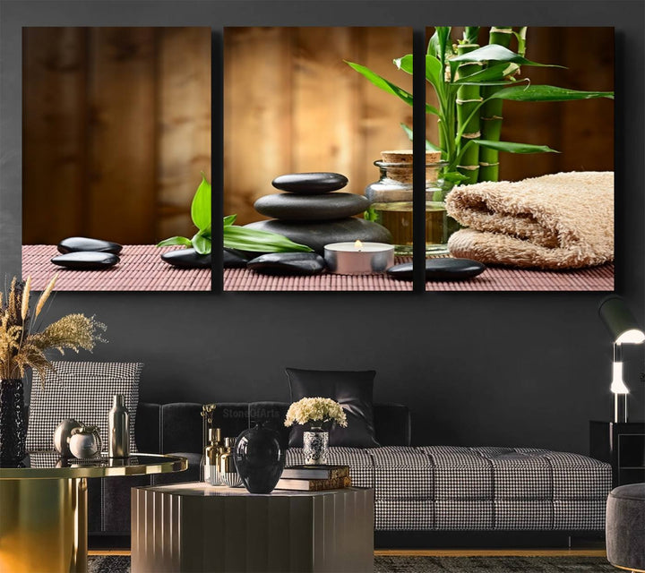 Zen Serenity Triptych Canvas Art, Pink Lotus Flower and Balancing Stones Wall Art, Tranquil Water Lily Canvas Print