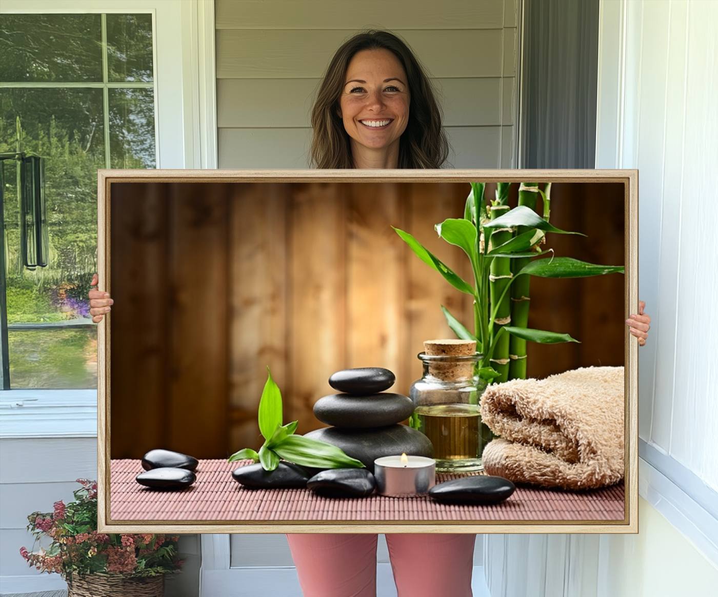 63465-MGV-CV-36X24-Zen Serenity Triptych Canvas Art, Pink Lotus Flower and Balancing Stones Wall Art, Tranquil Water