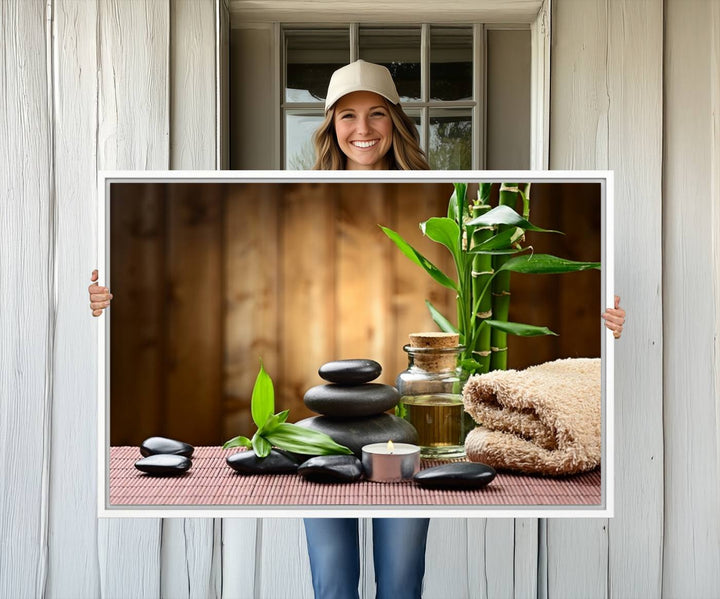 63465-MGV-CV-36X24-Zen Serenity Triptych Canvas Art, Pink Lotus Flower and Balancing Stones Wall Art, Tranquil Water Lily Canvas Print