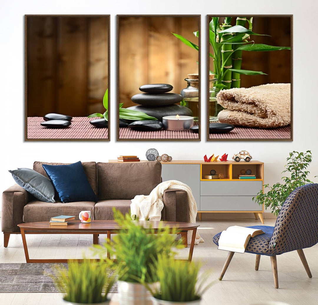 63465-MGV-CV-36X24-Zen Serenity Triptych Canvas Art, Pink Lotus Flower and Balancing Stones Wall Art, Tranquil Water Lily Canvas Print