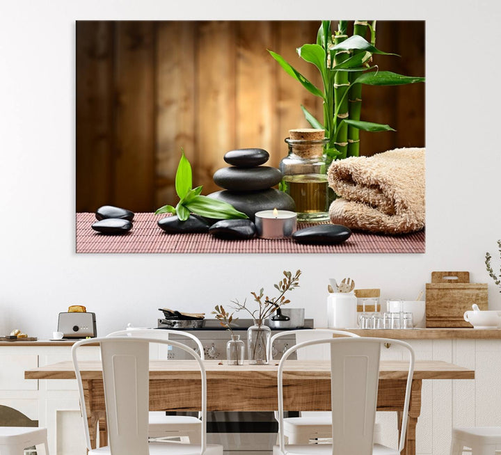 Zen Serenity Triptych Canvas Art, Pink Lotus Flower and Balancing Stones Wall Art, Tranquil Water Lily Canvas Print