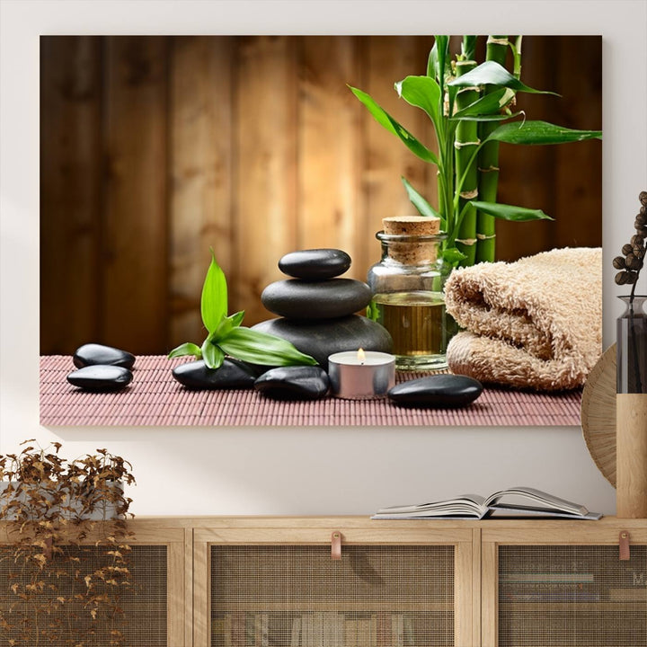 Zen Serenity Triptych Canvas Art, Pink Lotus Flower and Balancing Stones Wall Art, Tranquil Water Lily Canvas Print