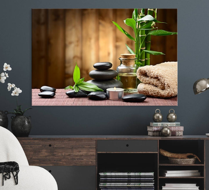 Zen Serenity Triptych Canvas Art, Pink Lotus Flower and Balancing Stones Wall Art, Tranquil Water Lily Canvas Print