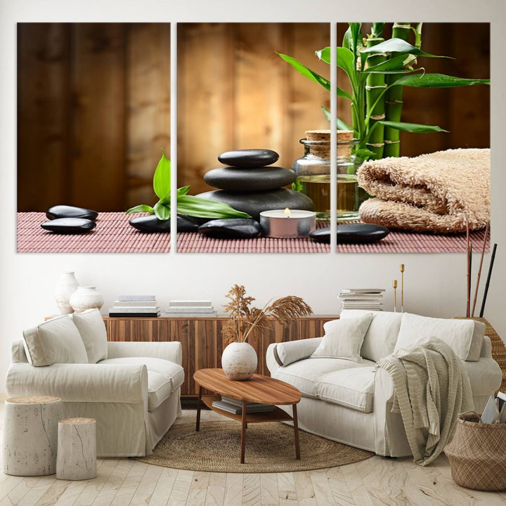 Zen Serenity Triptych Canvas Art, Pink Lotus Flower and Balancing Stones Wall Art, Tranquil Water Lily Canvas Print