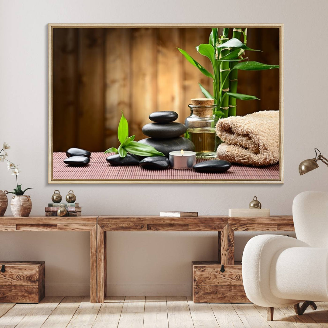 Zen Serenity Triptych Canvas Art, Pink Lotus Flower and Balancing Stones Wall Art, Tranquil Water Lily Canvas Print