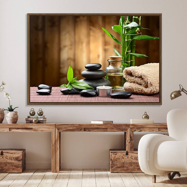 Zen Serenity Triptych Canvas Art, Pink Lotus Flower and Balancing Stones Wall Art, Tranquil Water Lily Canvas Print