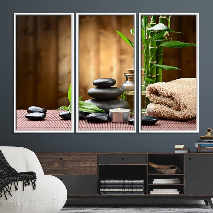 63465-MGV-FC-48X32-3P_White-Zen Serenity Triptych Canvas Art, Pink Lotus Flower and Balancing Stones Wall Art, Tranquil Water Lily Canvas Print