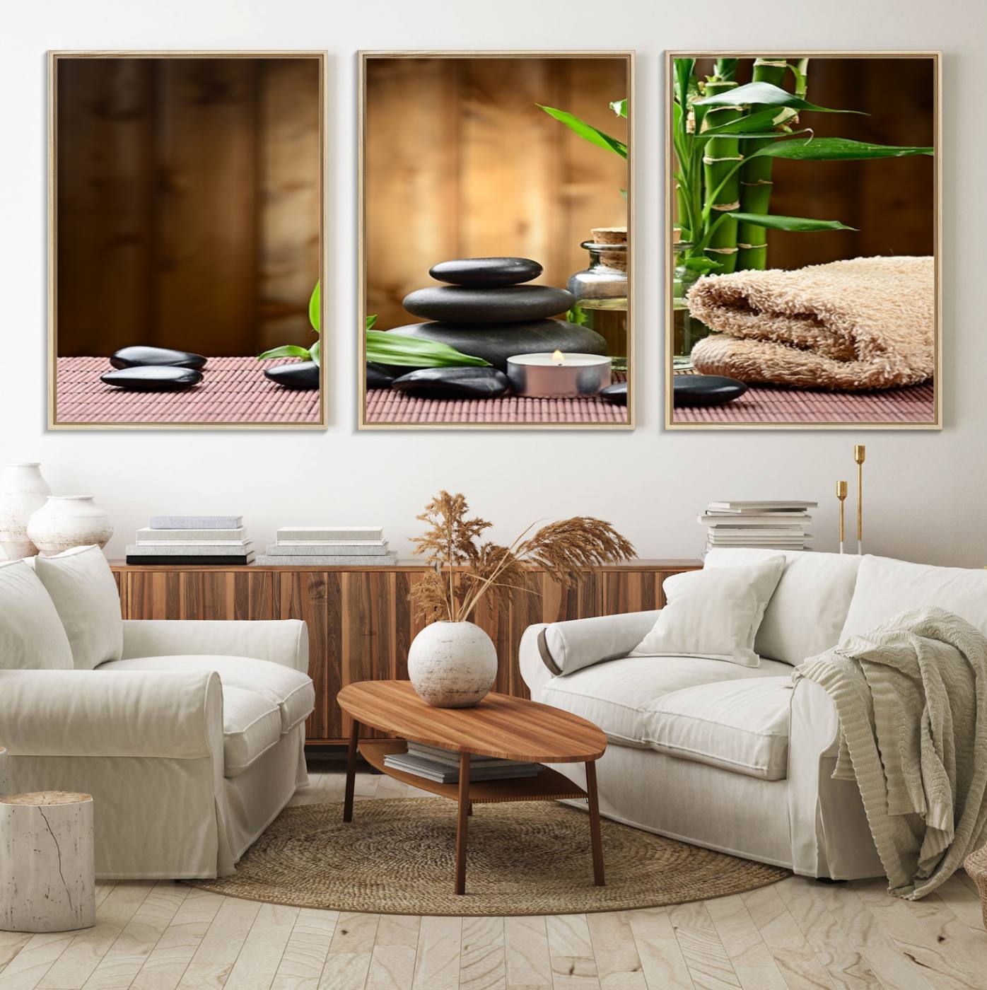 63465-MGV-FC-60X30-3P_Natural-Zen Serenity Triptych Canvas Art, Pink Lotus Flower and Balancing Stones Wall Art, Tranquil Water