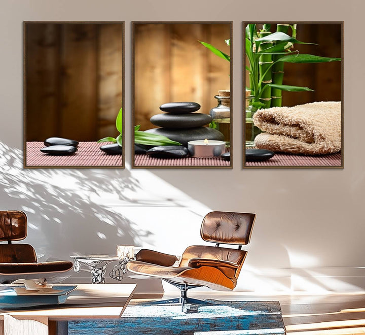 63465-MGV-FC-60X30-3P_Walnut-Zen Serenity Triptych Canvas Art, Pink Lotus Flower and Balancing Stones Wall Art, Tranquil Water Lily Canvas Print