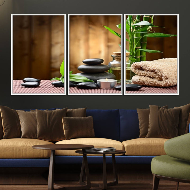 63465-MGV-FC-60X30-3P_White-Zen Serenity Triptych Canvas Art, Pink Lotus Flower and Balancing Stones Wall Art, Tranquil Water Lily Canvas Print
