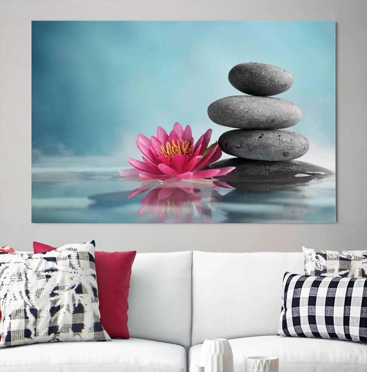 The Zen Serenity Triptych Canvas Art, featuring a lotus flower and balancing stones, perfectly captures tranquility with its serene water lily print.